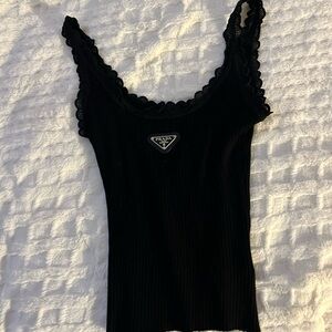 Prada Black Ribbed Camisole with Lace Trim